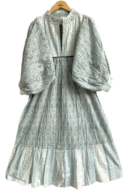Blue Floral Hand Block Print Cotton Maxi Dress – Handmade Boho Dress