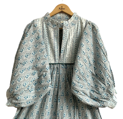 Blue Floral Hand Block Print Cotton Maxi Dress – Handmade Boho Dress