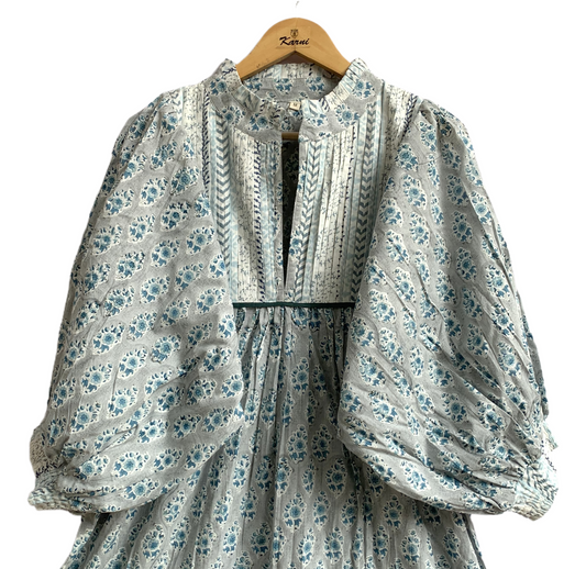 Blue Floral Hand Block Print Cotton Maxi Dress – Handmade Boho Dress