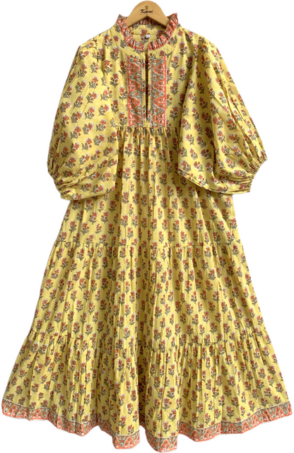 Mustard Yellow Floral Hand Block Printed Cotton Maxi Dress – Boho Tiered Indian Long Dress