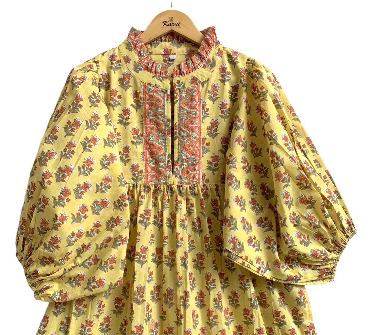 Mustard Yellow Floral Hand Block Printed Cotton Maxi Dress – Boho Tiered Indian Long Dress