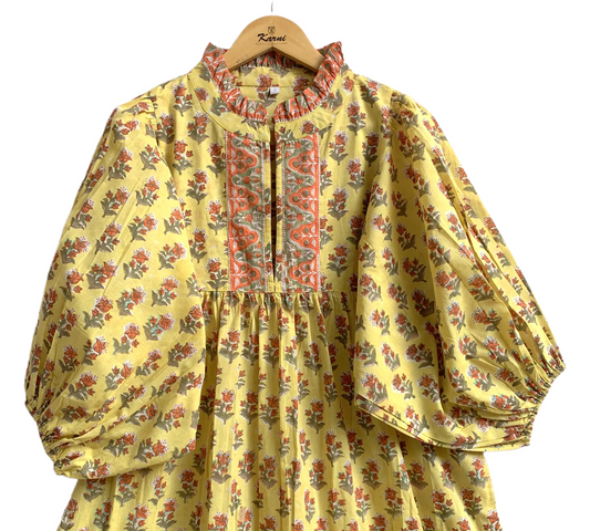 Mustard Yellow Floral Hand Block Printed Cotton Maxi Dress – Boho Tiered Indian Long Dress