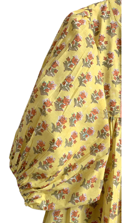 Mustard Yellow Floral Hand Block Printed Cotton Maxi Dress – Boho Tiered Indian Long Dress