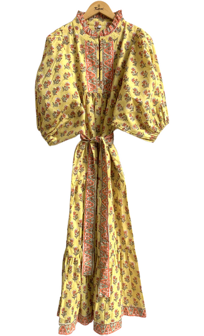 Mustard Yellow Floral Hand Block Printed Cotton Maxi Dress – Boho Tiered Indian Long Dress