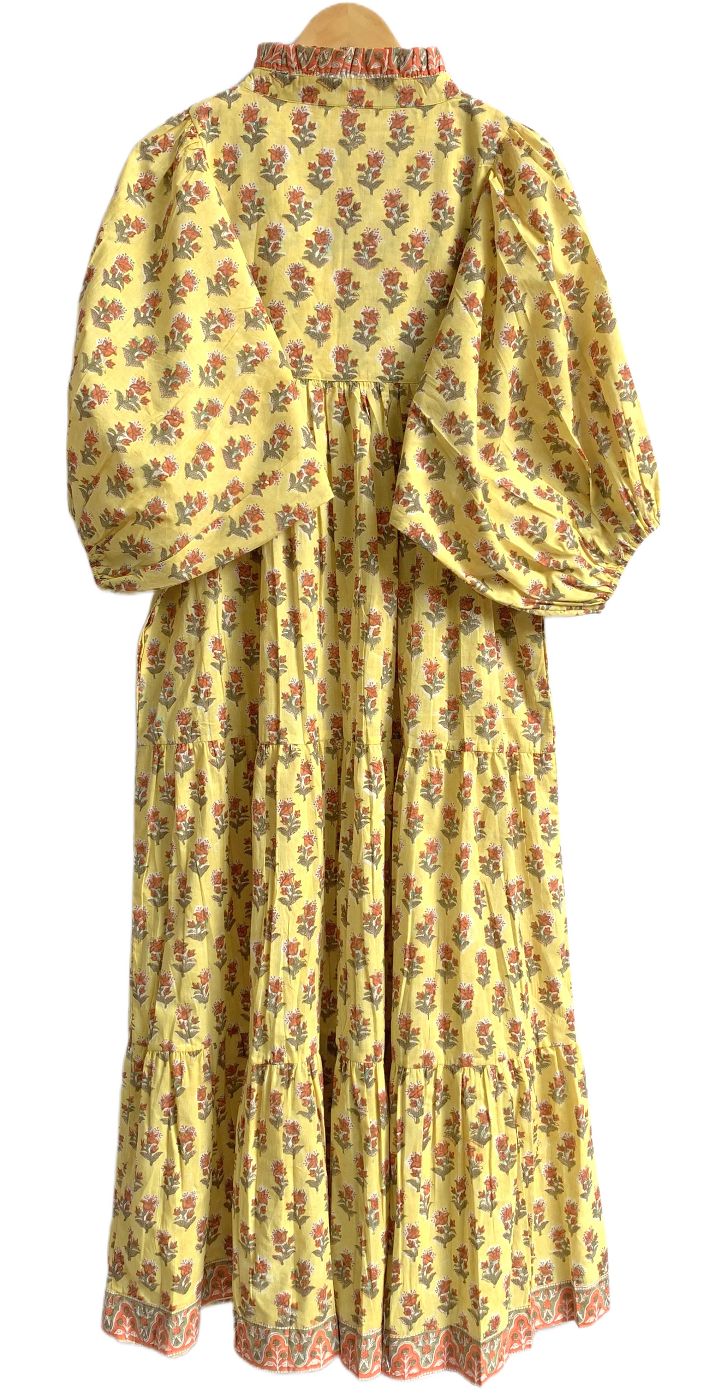 Mustard Yellow Floral Hand Block Printed Cotton Maxi Dress – Boho Tiered Indian Long Dress