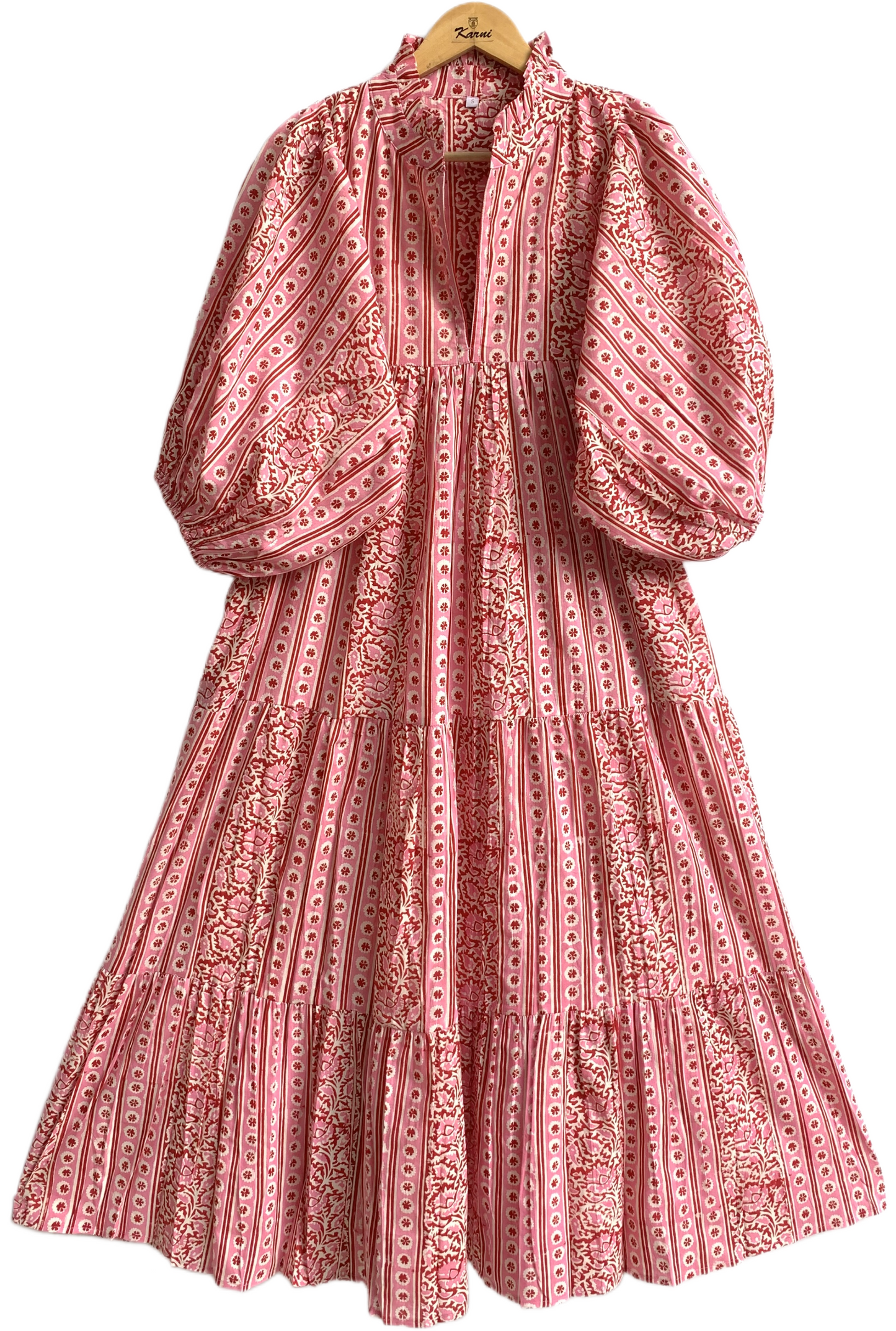 Pink Floral Stripe Hand Block Printed Cotton Maxi Dress – Boho Tiered Indian Long Dress