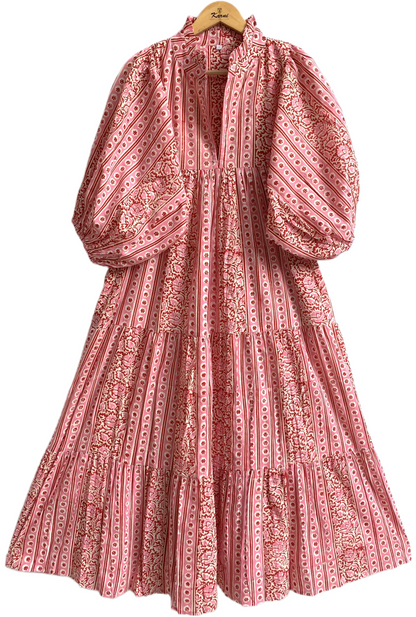 Pink Floral Stripe Hand Block Printed Cotton Maxi Dress – Boho Tiered Indian Long Dress