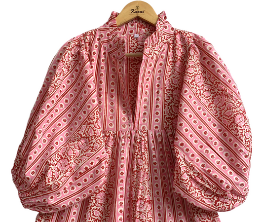 Pink Floral Stripe Hand Block Printed Cotton Maxi Dress – Boho Tiered Indian Long Dress