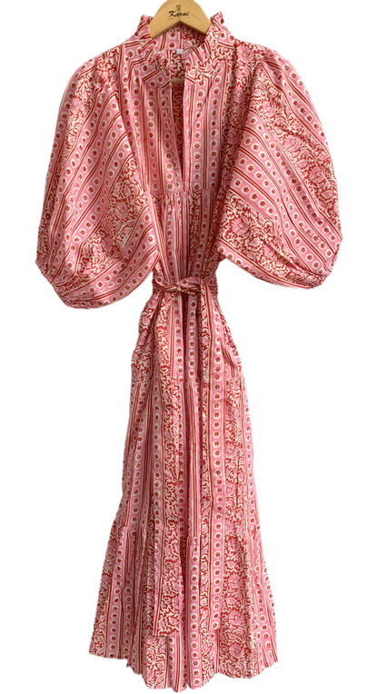 Pink Floral Stripe Hand Block Printed Cotton Maxi Dress – Boho Tiered Indian Long Dress