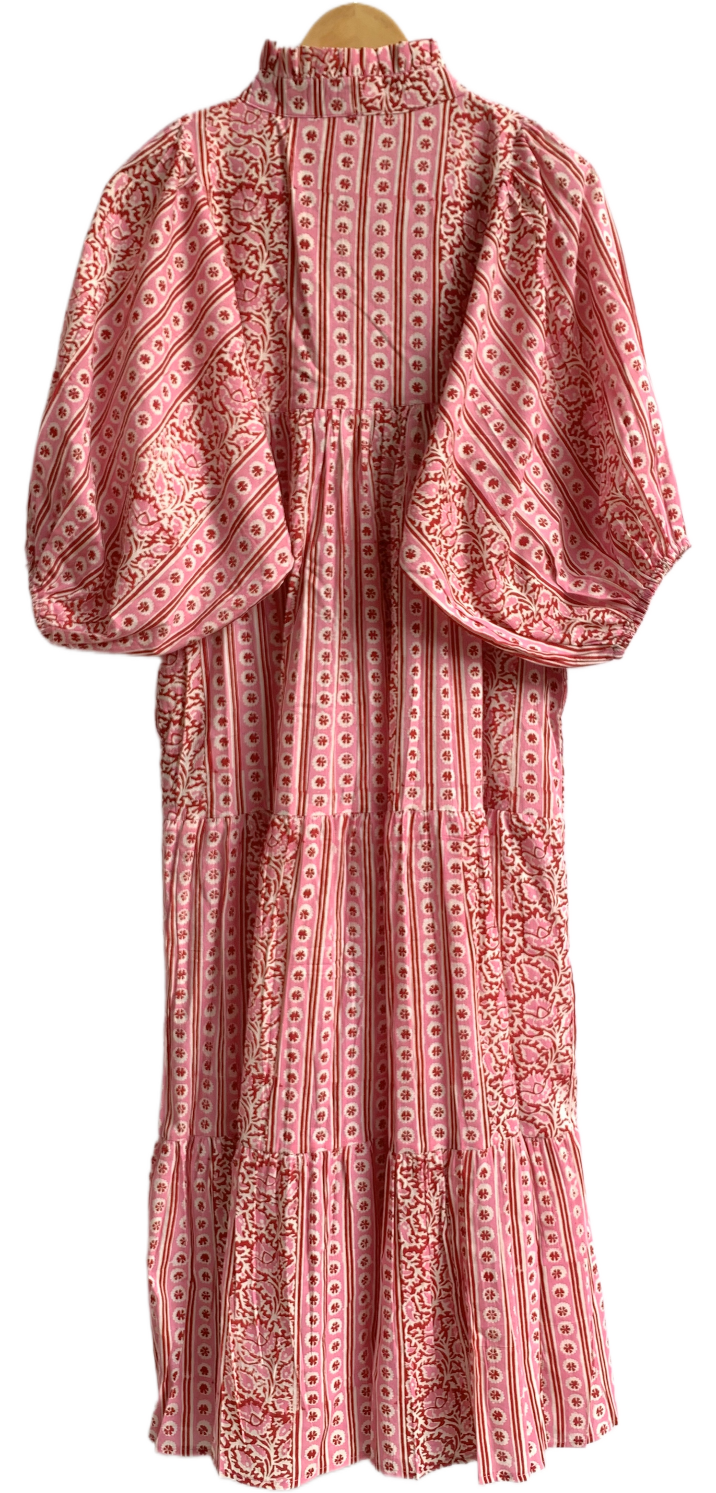 Pink Floral Stripe Hand Block Printed Cotton Maxi Dress – Boho Tiered Indian Long Dress