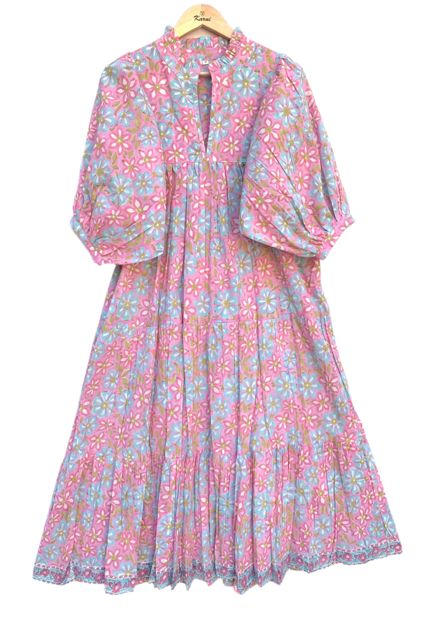 pink blue multi floral block printed women's maxi dress