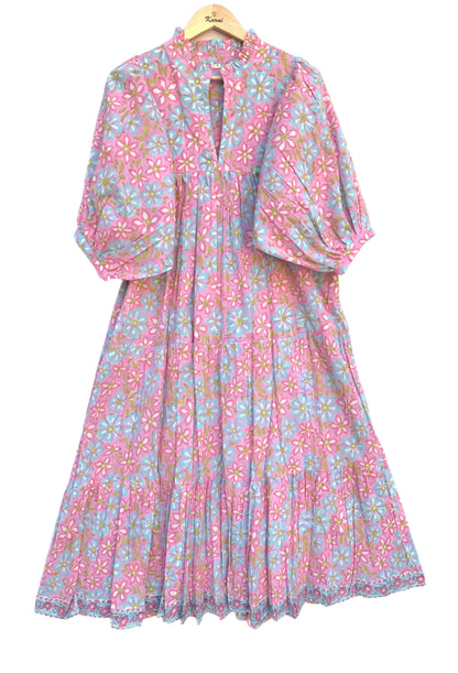 pink blue multi floral block printed women's maxi dress