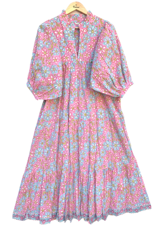 pink blue multi floral block printed women's maxi dress