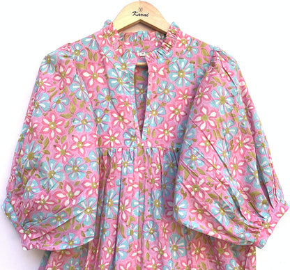 pink blue multi floral block printed women's maxi dress