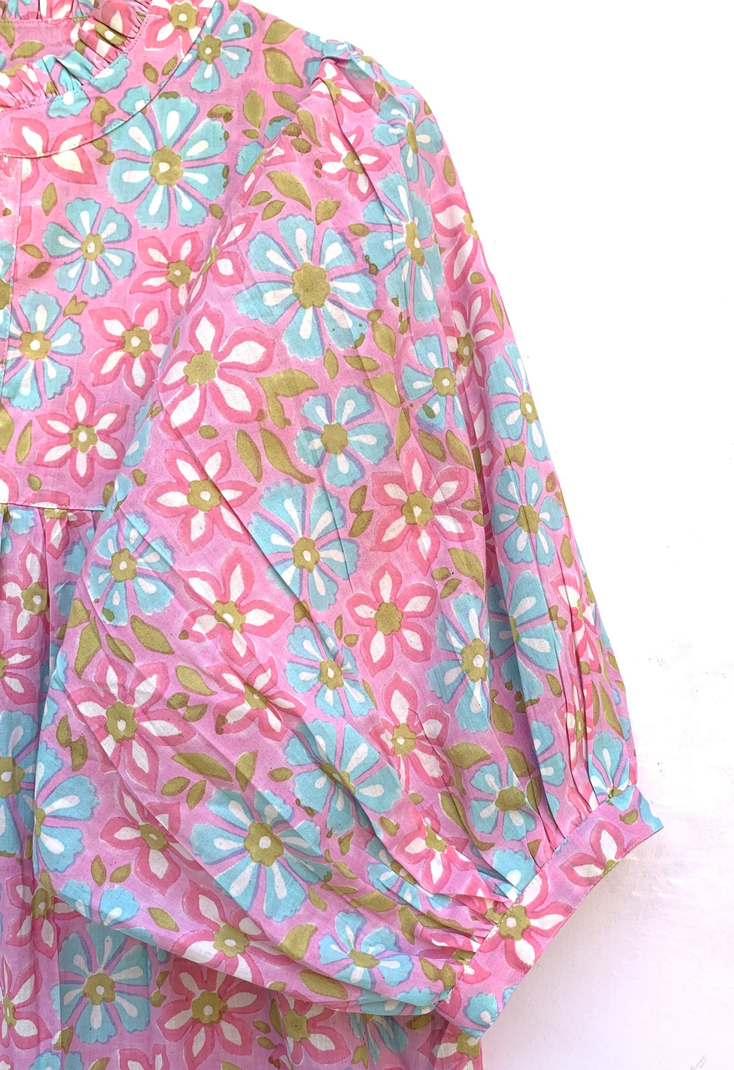 pink blue multi floral block printed women's maxi dress