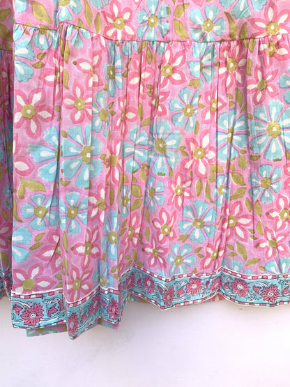 pink blue multi floral block printed women's maxi dress
