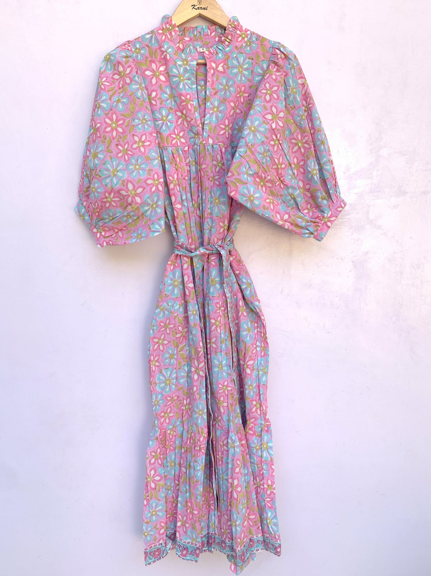 pink blue multi floral block printed women's maxi dress
