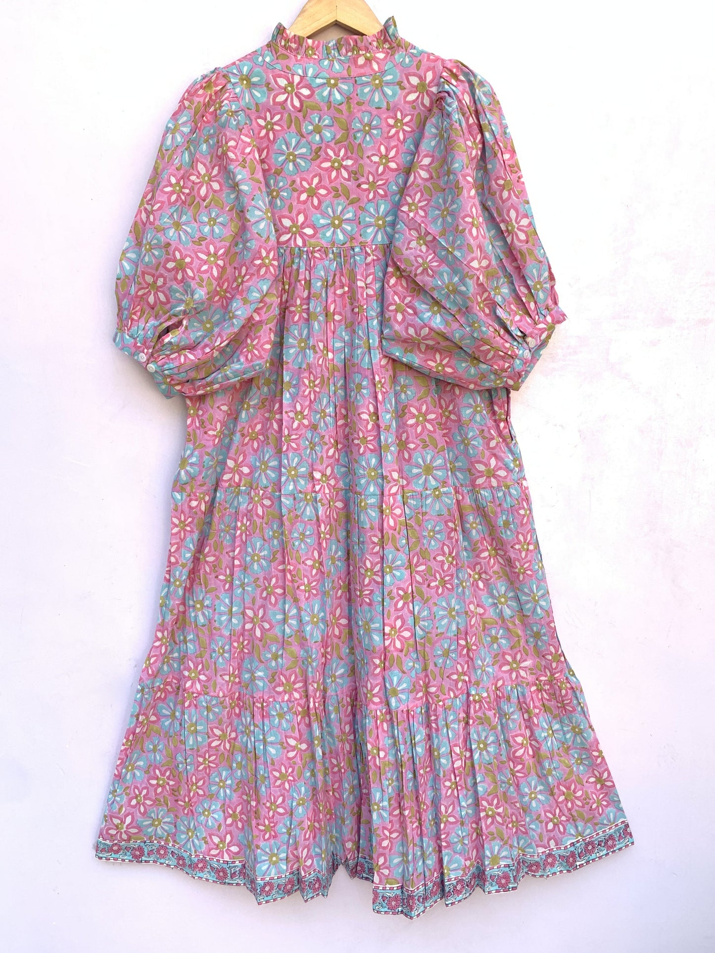 pink blue multi floral block printed women's maxi dress