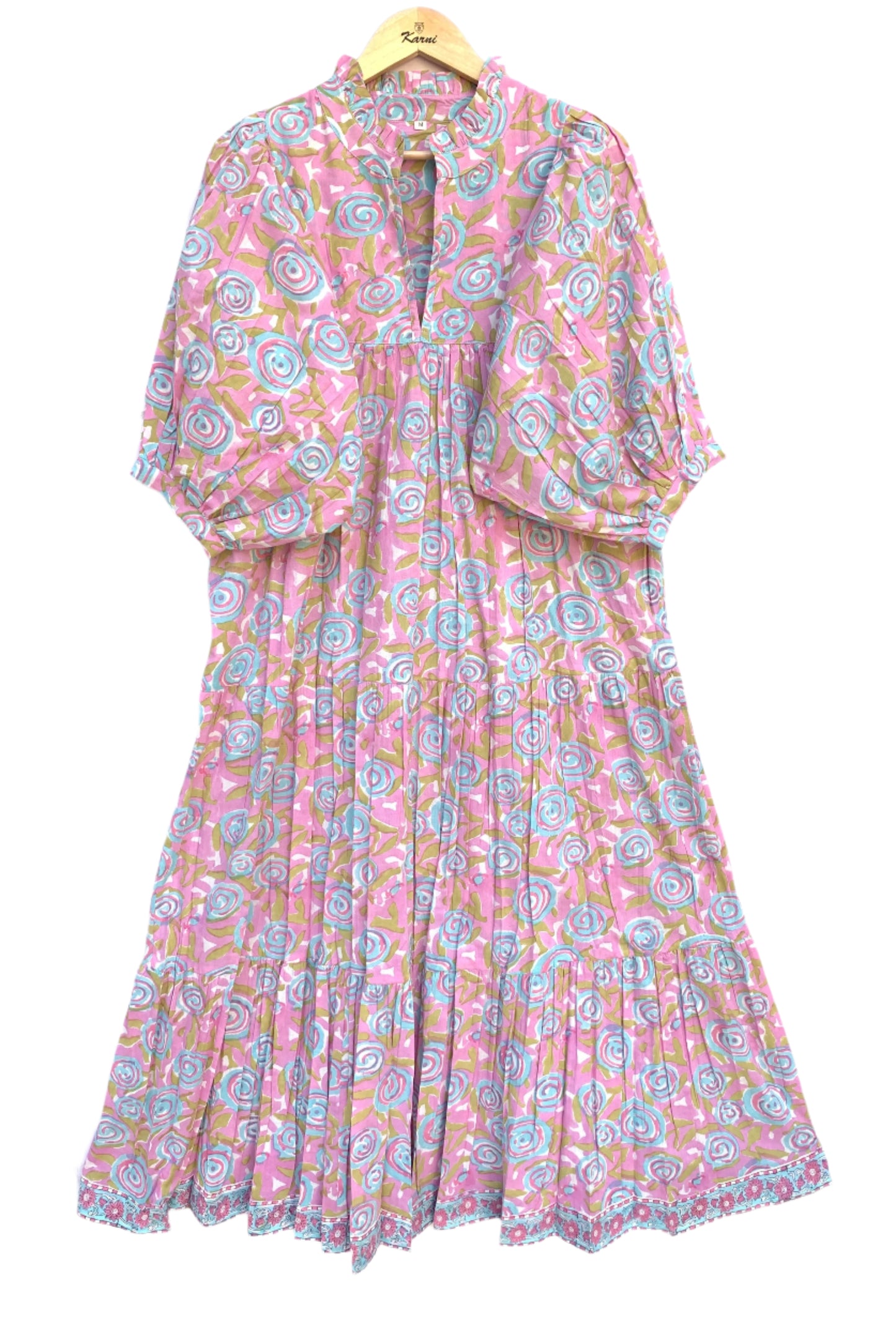 cotton pink blue floral hand block printed women's long maxi