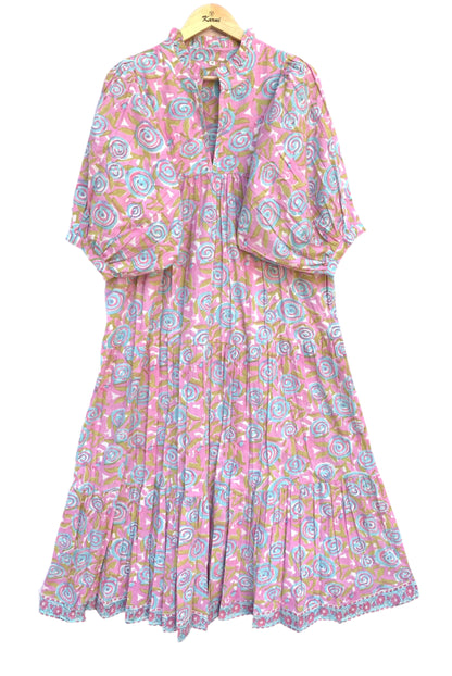 cotton pink blue floral hand block printed women's long maxi