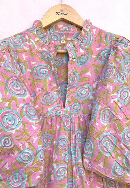 cotton pink blue floral hand block printed women's long maxi