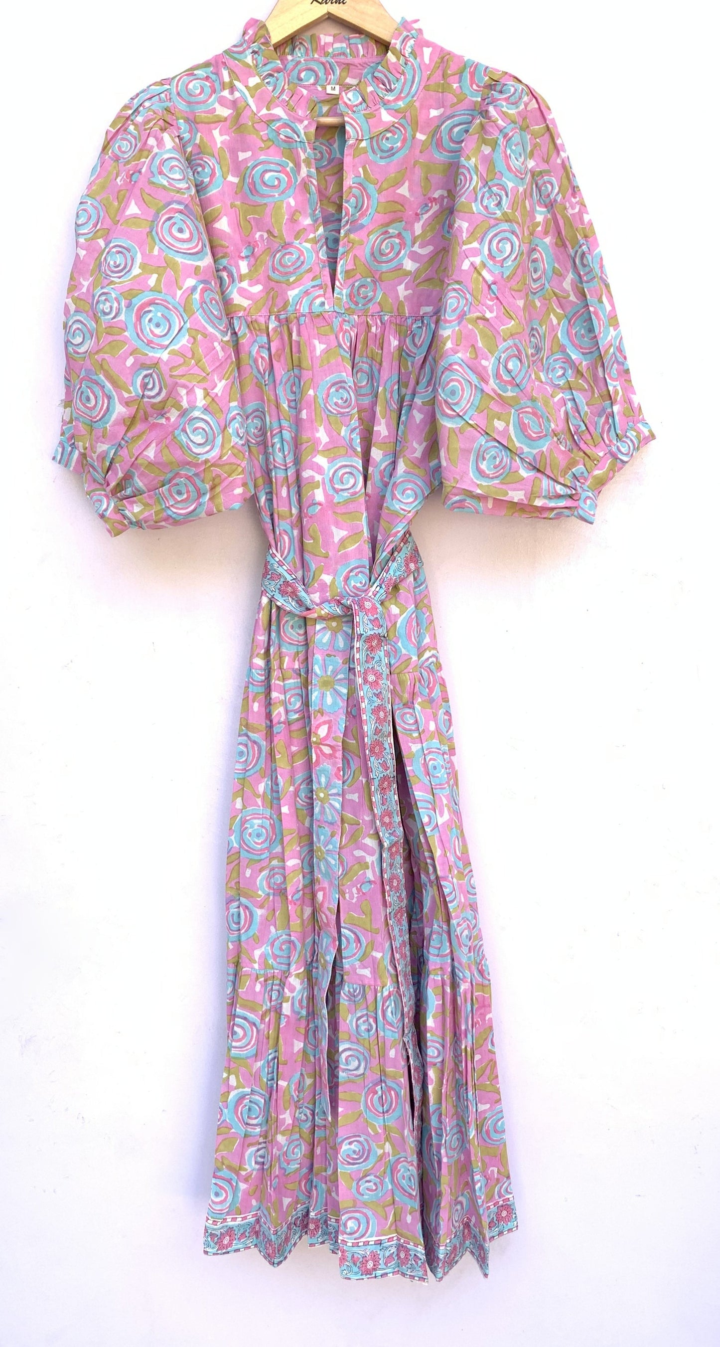cotton pink blue floral hand block printed women's long maxi
