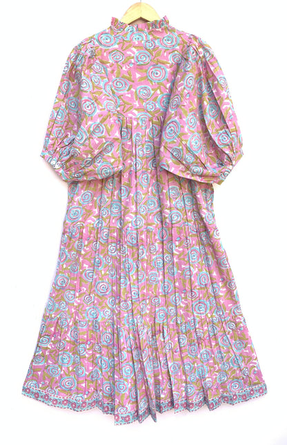 cotton pink blue floral hand block printed women's long maxi