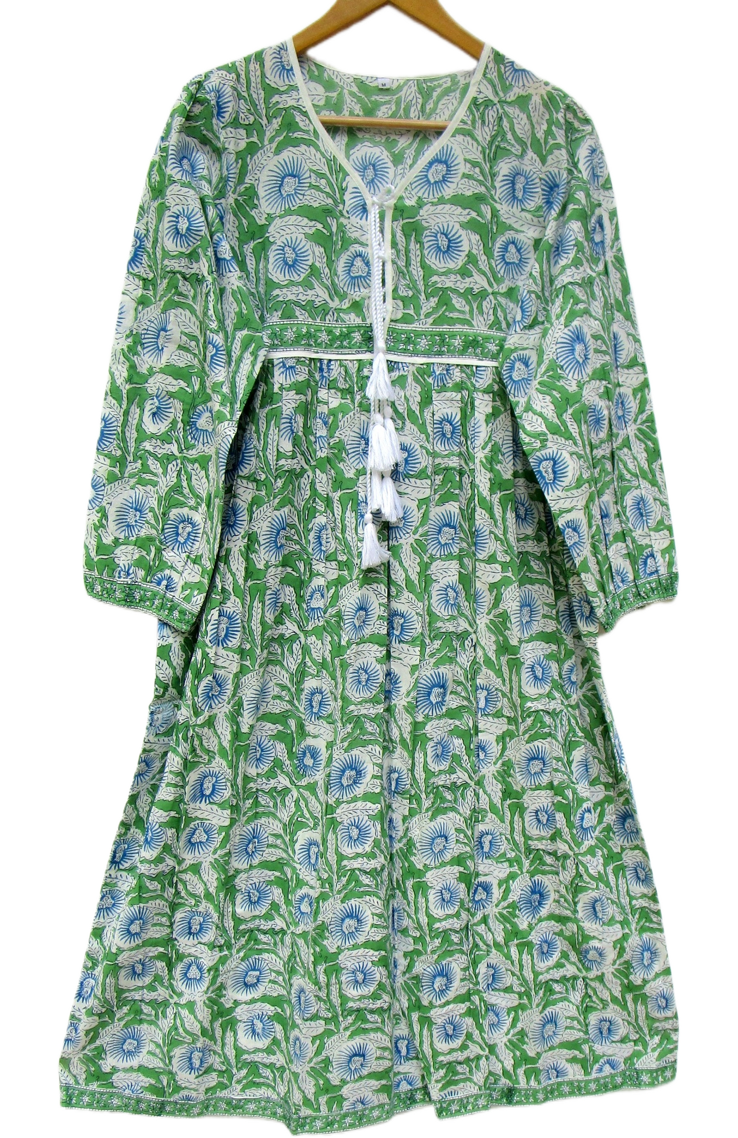 Green Floral Hand Block Printed Cotton Mini Dress – Boho Tassel Dress