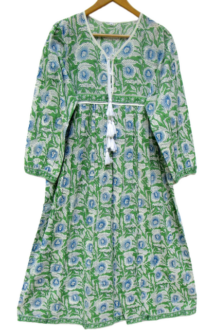 Green Floral Hand Block Printed Cotton Mini Dress – Boho Tassel Dress