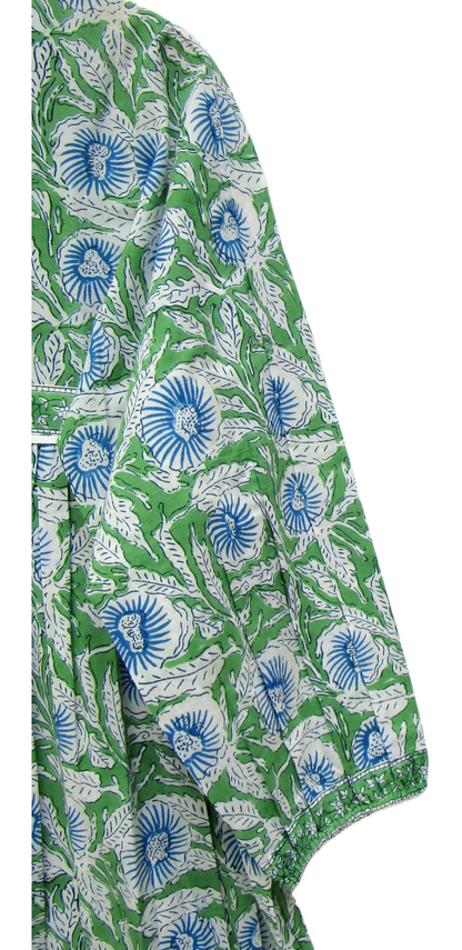 Green Floral Hand Block Printed Cotton Mini Dress – Boho Tassel Dress