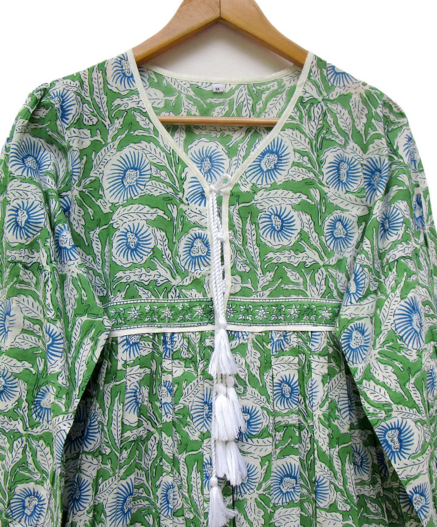 Green Floral Hand Block Printed Cotton Mini Dress – Boho Tassel Dress
