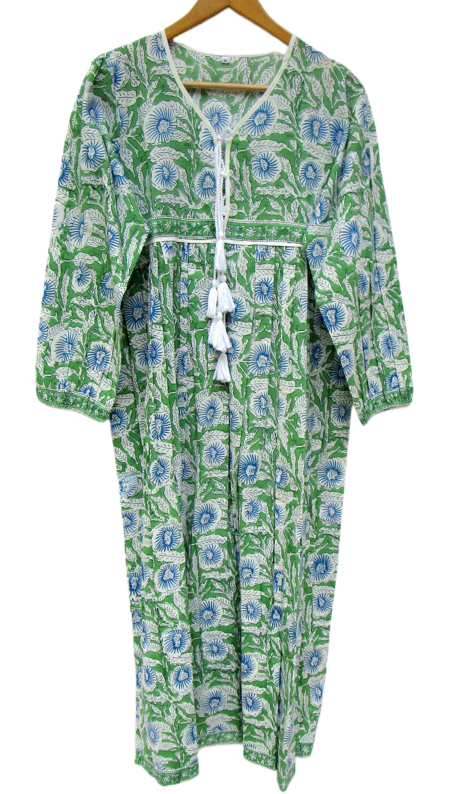 Green Floral Hand Block Printed Cotton Mini Dress – Boho Tassel Dress