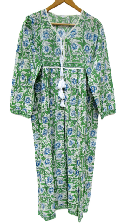 Green Floral Hand Block Printed Cotton Mini Dress – Boho Tassel Dress