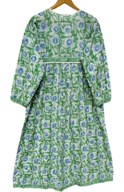 Green Floral Hand Block Printed Cotton Mini Dress – Boho Tassel Dress
