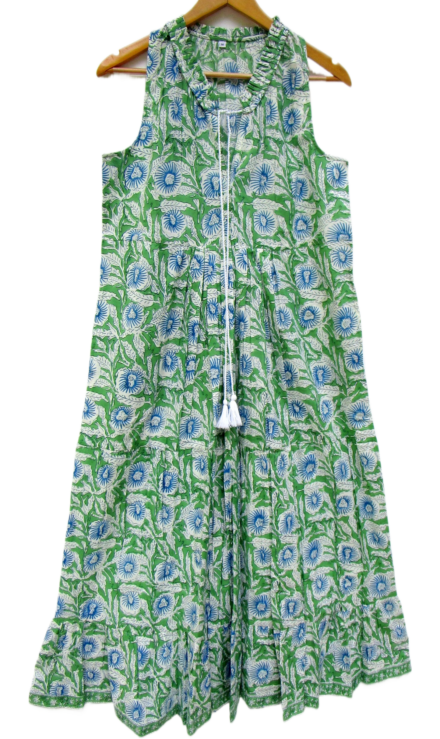 Green Floral Hand Block Printed Cotton Sleeveless Maxi Dress – Boho Tassel Tiered Dress