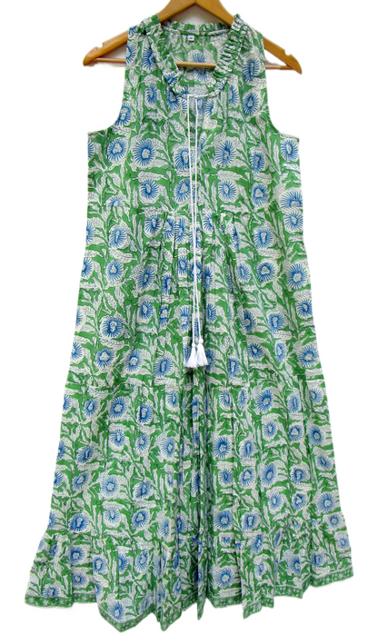 Green Floral Hand Block Printed Cotton Sleeveless Maxi Dress – Boho Tassel Tiered Dress