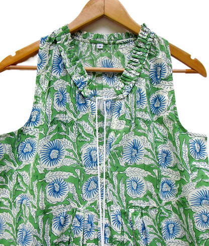 Green Floral Hand Block Printed Cotton Sleeveless Maxi Dress – Boho Tassel Tiered Dress