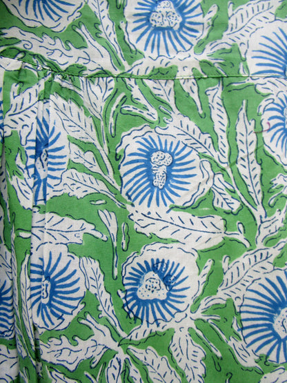 Green Floral Hand Block Printed Cotton Sleeveless Maxi Dress – Boho Tassel Tiered Dress