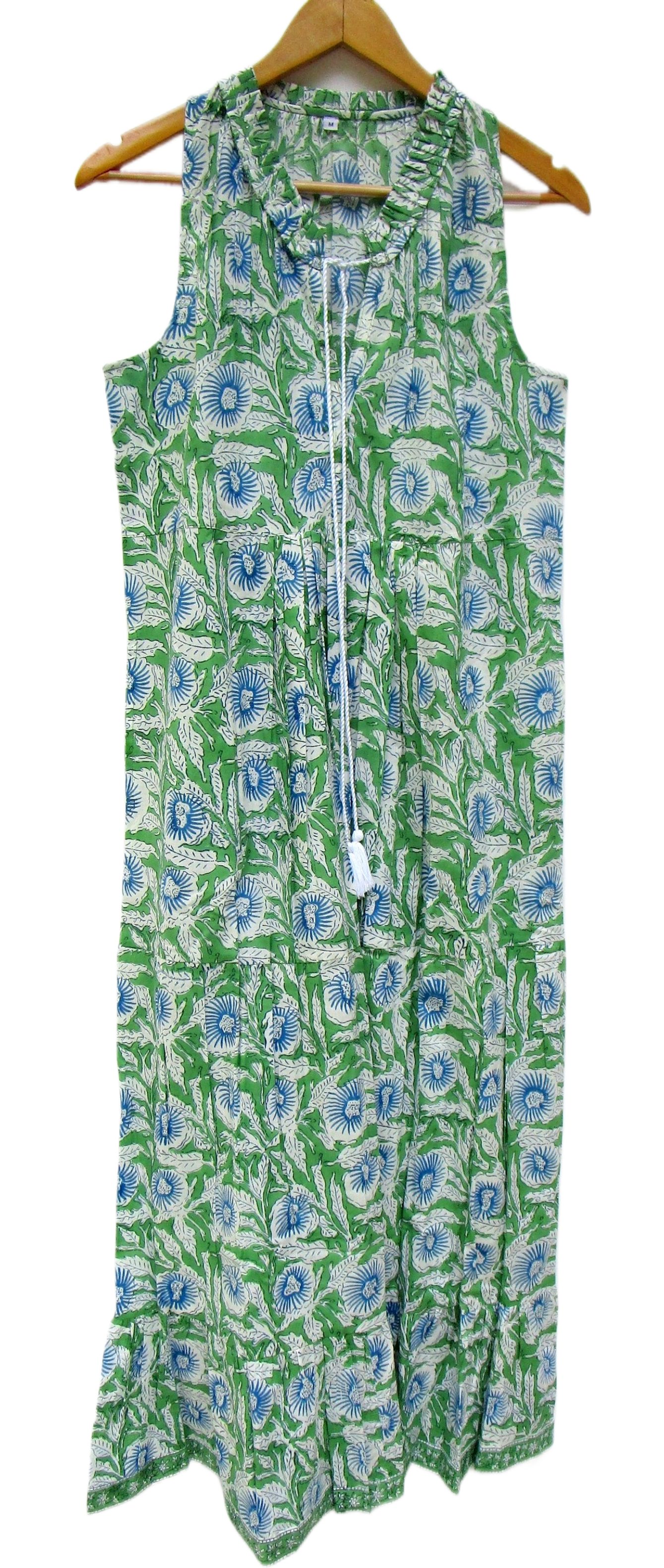 Green Floral Hand Block Printed Cotton Sleeveless Maxi Dress – Boho Tassel Tiered Dress