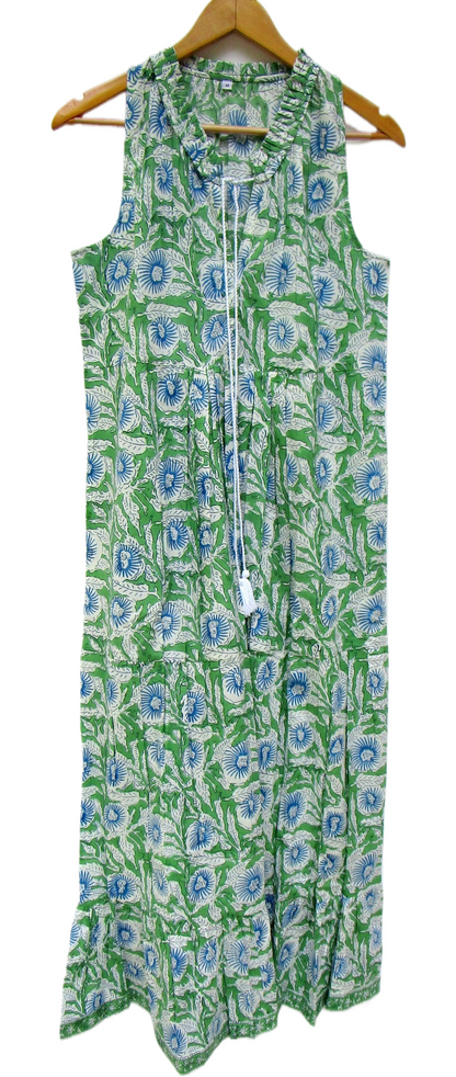 Green Floral Hand Block Printed Cotton Sleeveless Maxi Dress – Boho Tassel Tiered Dress
