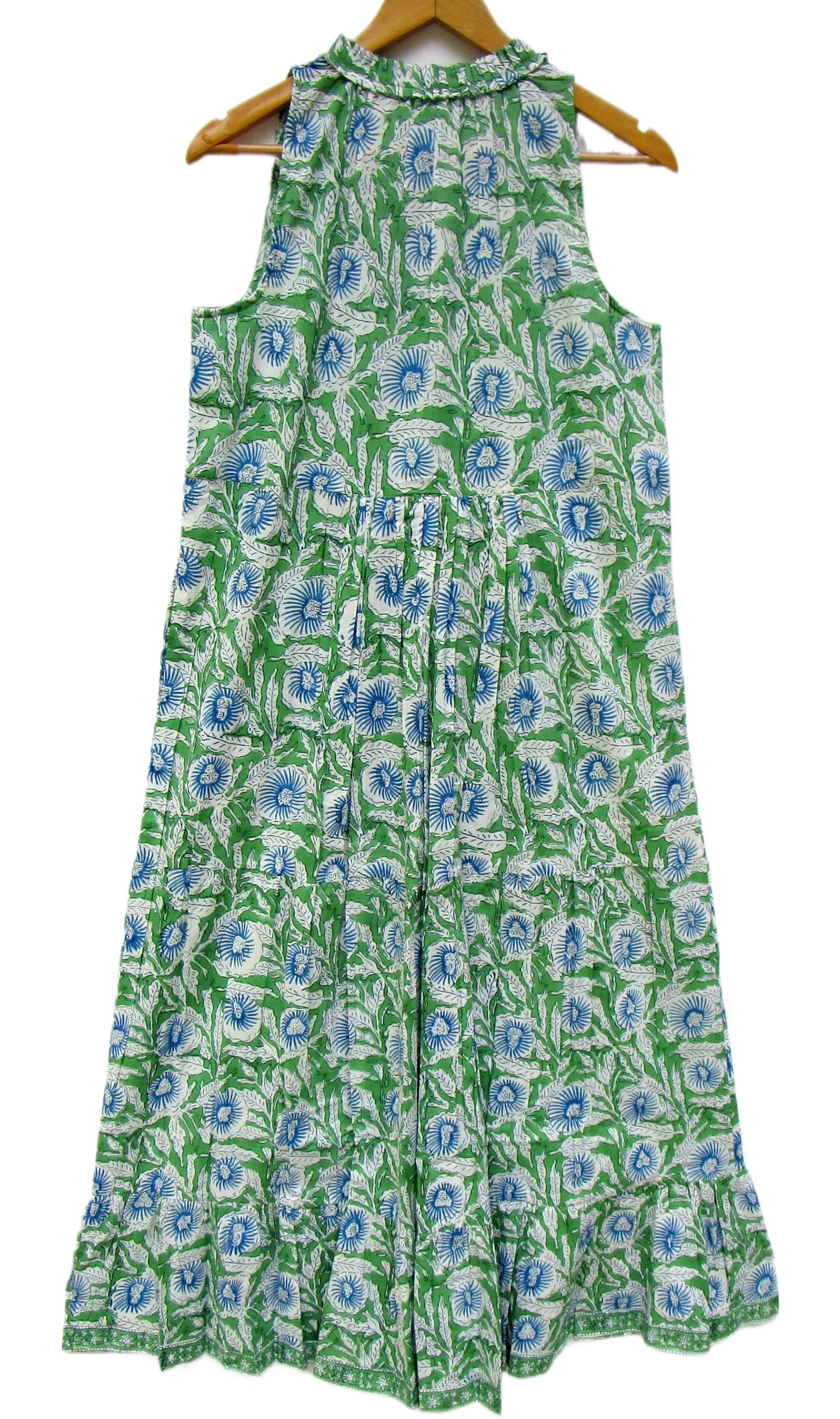 Green Floral Hand Block Printed Cotton Sleeveless Maxi Dress – Boho Tassel Tiered Dress