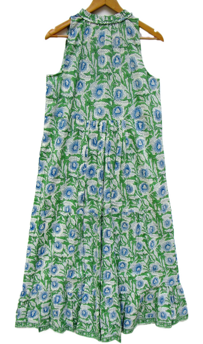 Green Floral Hand Block Printed Cotton Sleeveless Maxi Dress – Boho Tassel Tiered Dress