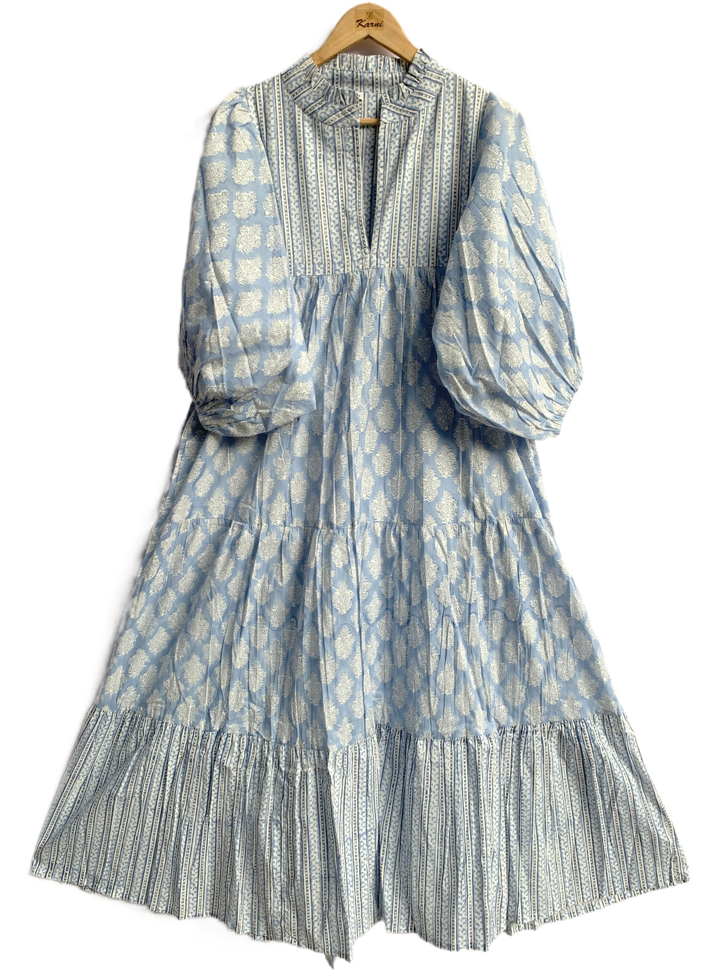 Sky Blue Floral Hand Block Printed Cotton Midi Dress – Puff Sleeve Boho Indian Dress