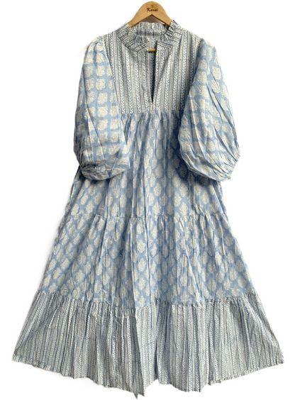 Sky Blue Floral Hand Block Printed Cotton Midi Dress – Puff Sleeve Boho Indian Dress