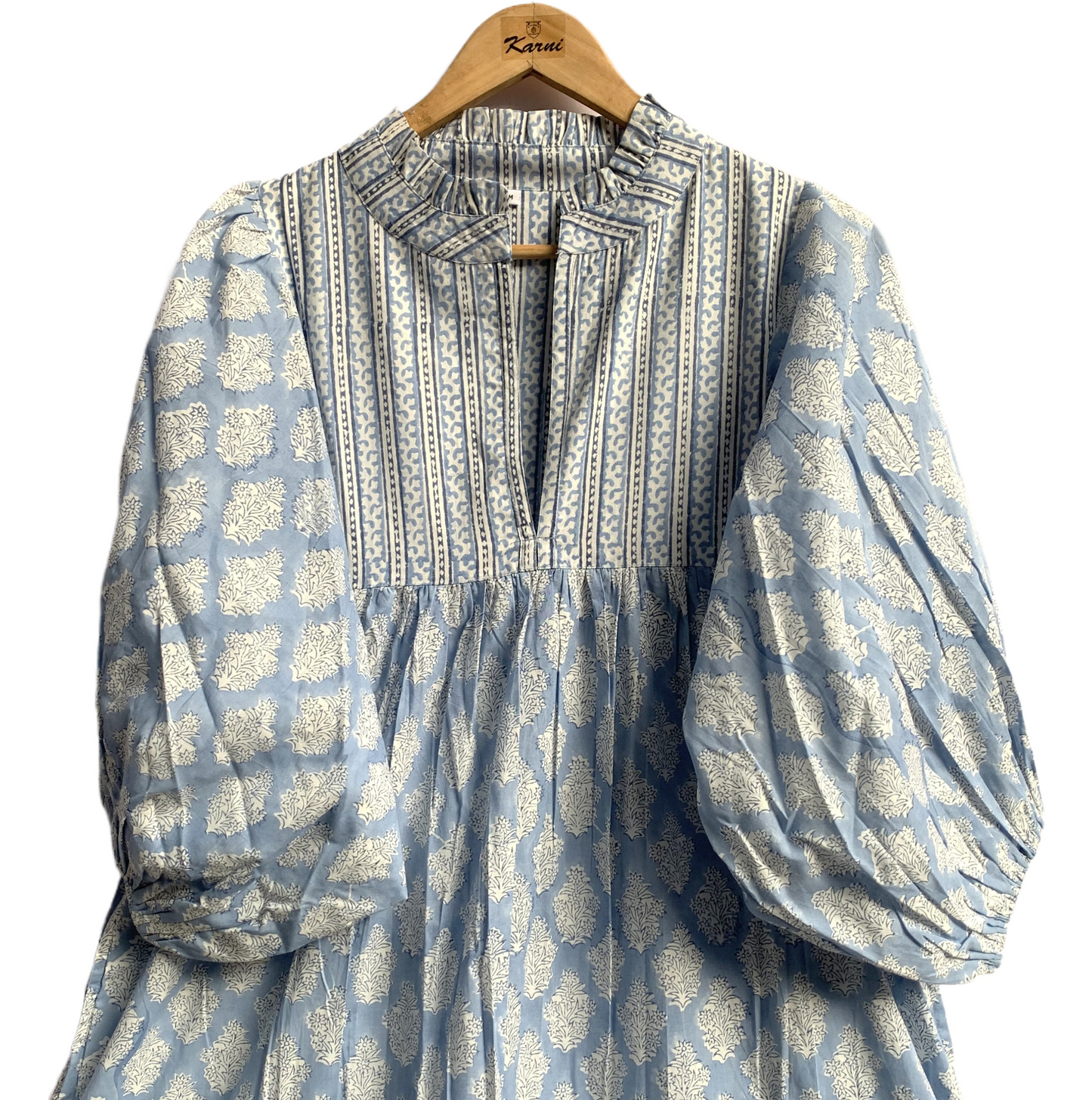 Sky Blue Floral Hand Block Printed Cotton Midi Dress – Puff Sleeve Boho Indian Dress