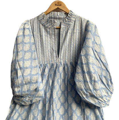 Sky Blue Floral Hand Block Printed Cotton Midi Dress – Puff Sleeve Boho Indian Dress