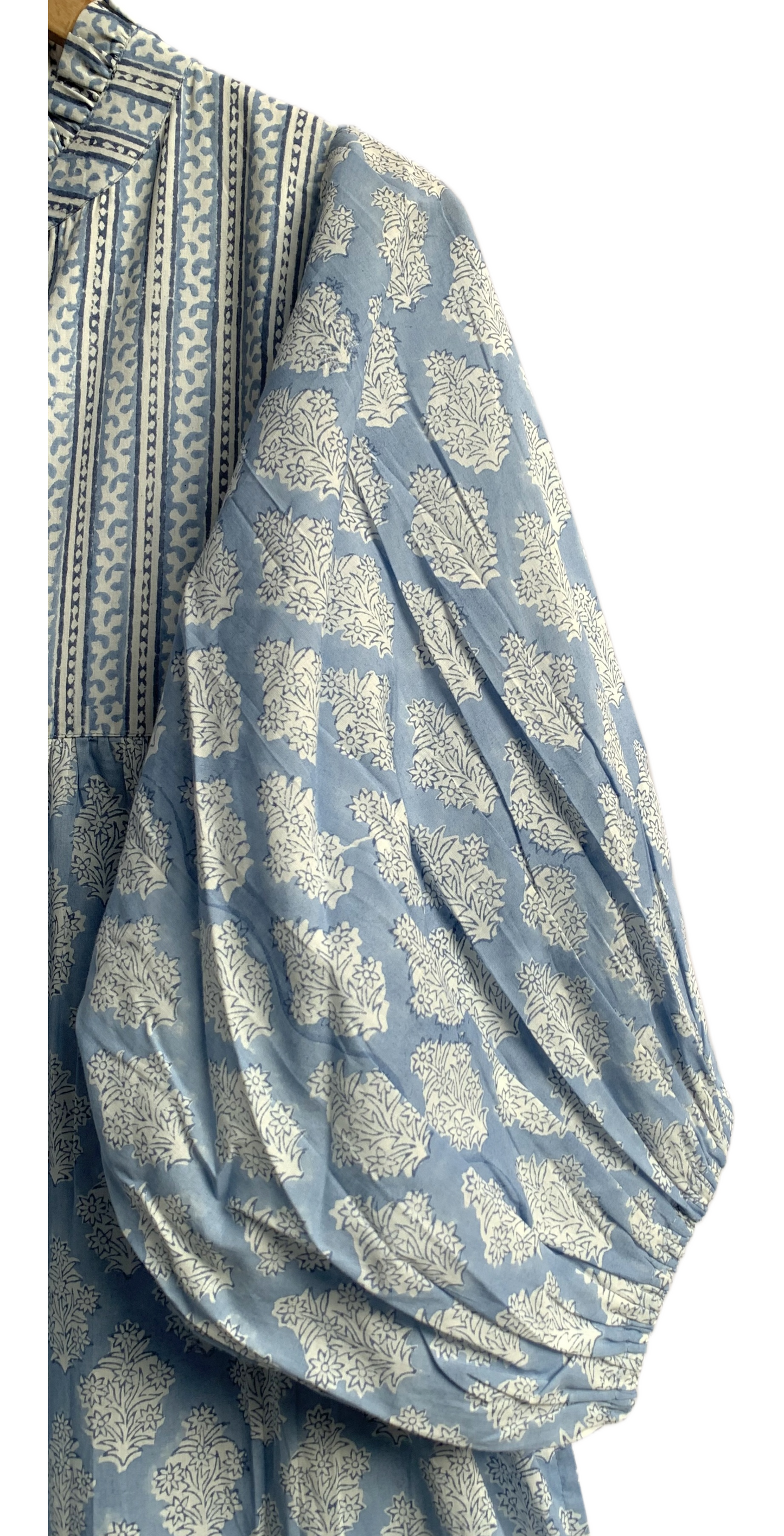 Sky Blue Floral Hand Block Printed Cotton Midi Dress – Puff Sleeve Boho Indian Dress