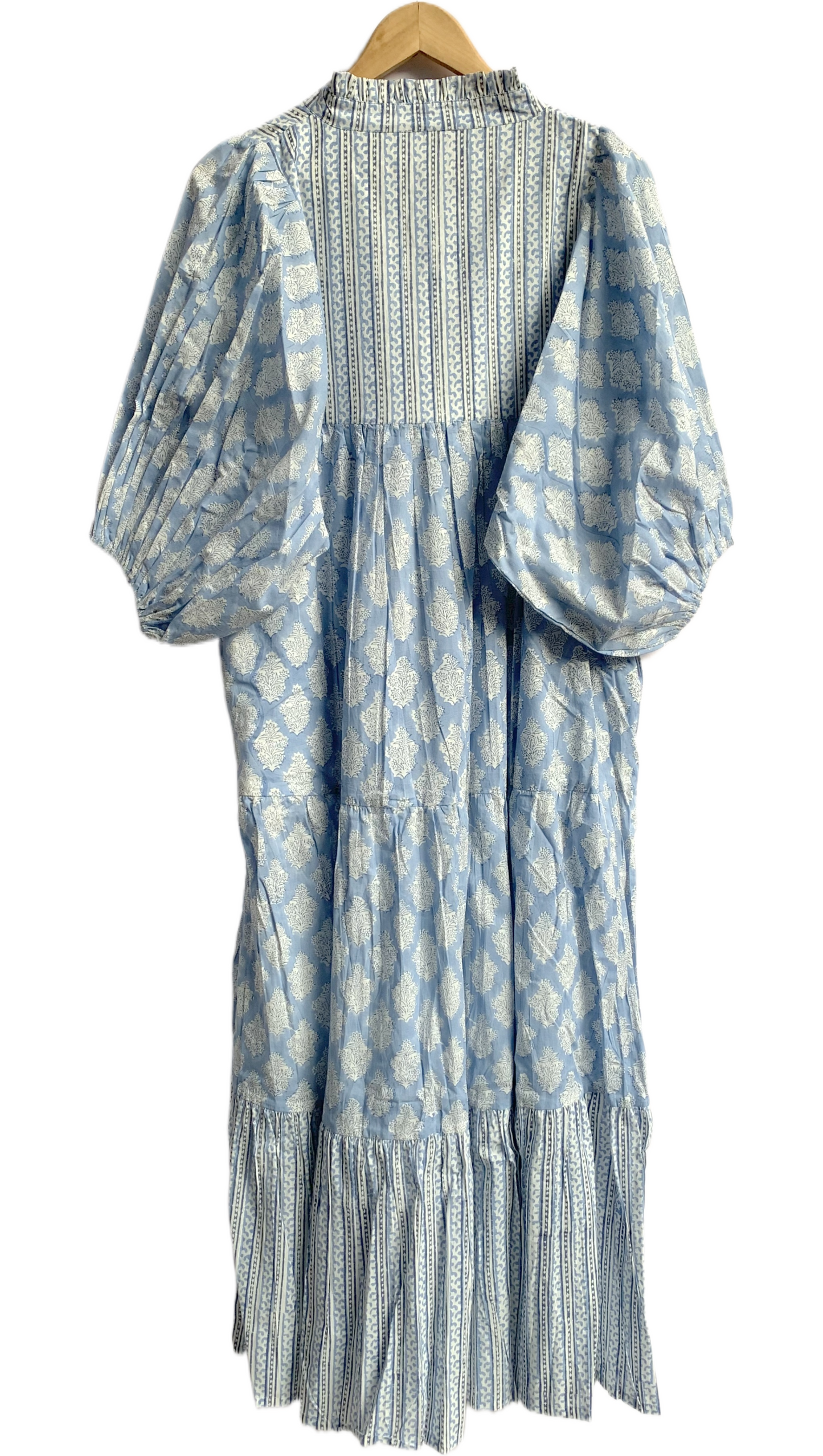 Sky Blue Floral Hand Block Printed Cotton Midi Dress – Puff Sleeve Boho Indian Dress