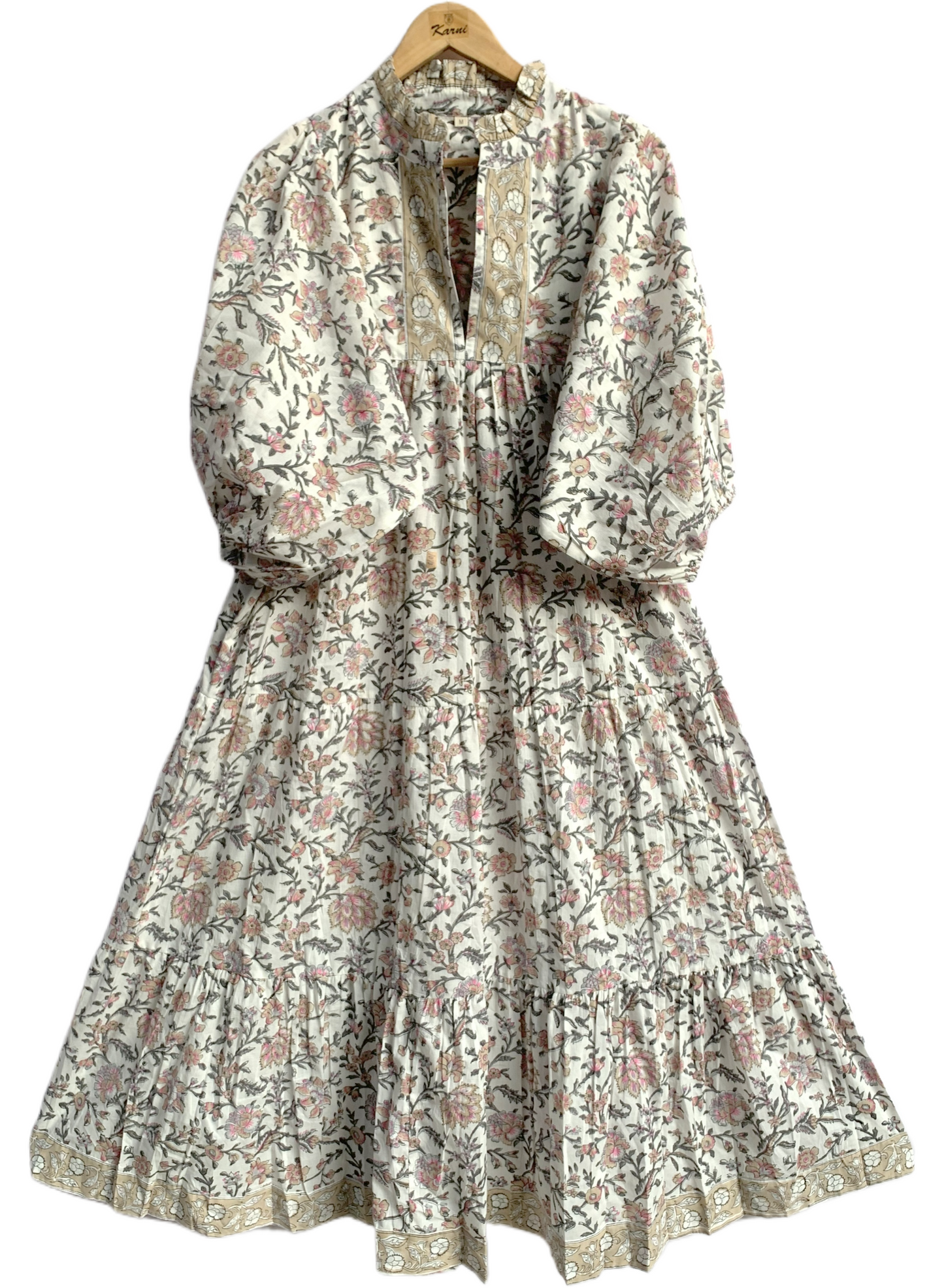 Ivory Pink Floral Hand Block Printed Cotton Midi Dress – Puff Sleeve Boho Indian Dress