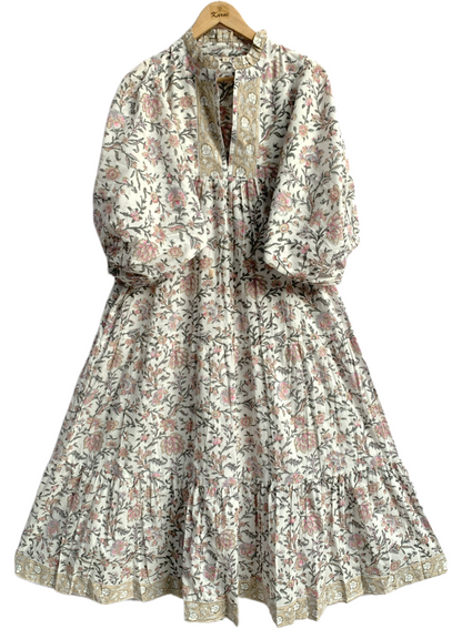 Ivory Pink Floral Hand Block Printed Cotton Midi Dress – Puff Sleeve Boho Indian Dress
